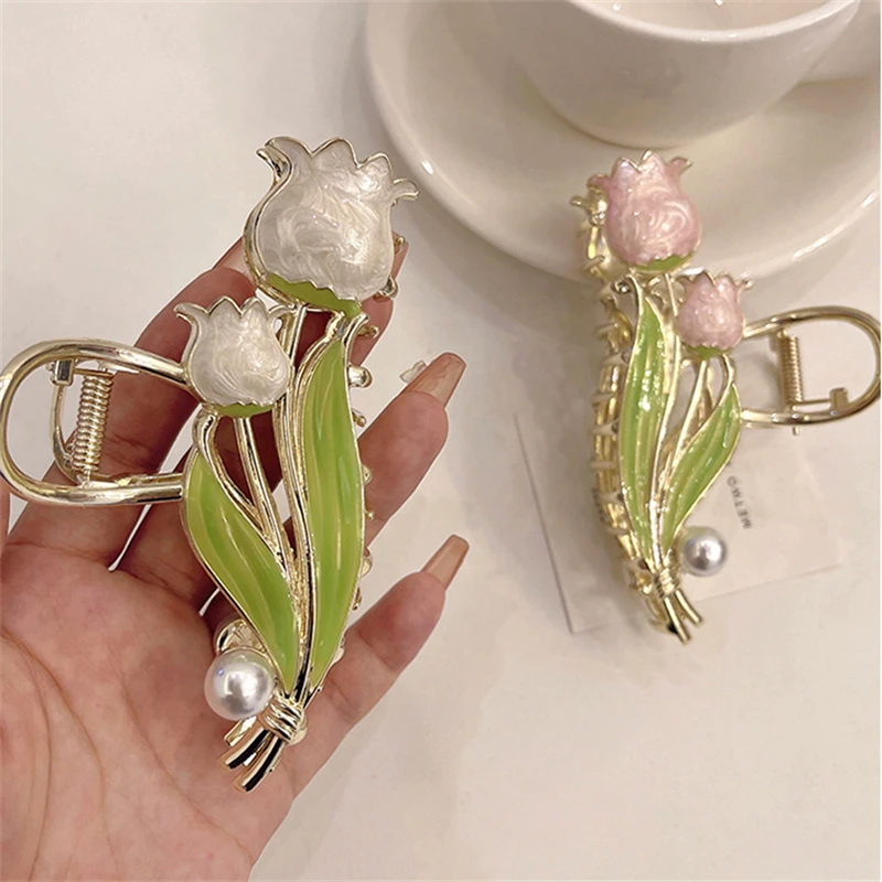 2022 Fashion Lily of The Valley Flower Tulip Metal Pearl Hairpin Girl Shape Ponytail Hair Claw Decoration Shark Clip Headgear