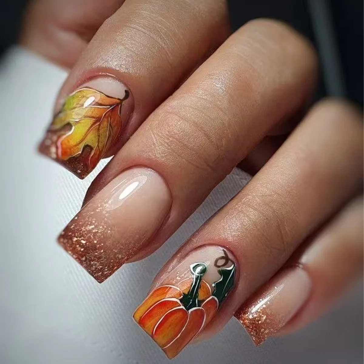 24 pièces feuilles d'automne faux ongles ensembles presse sur paillettes réutilisables poudre brillante ongles conseils mode Orange court carré faux ongles Art
