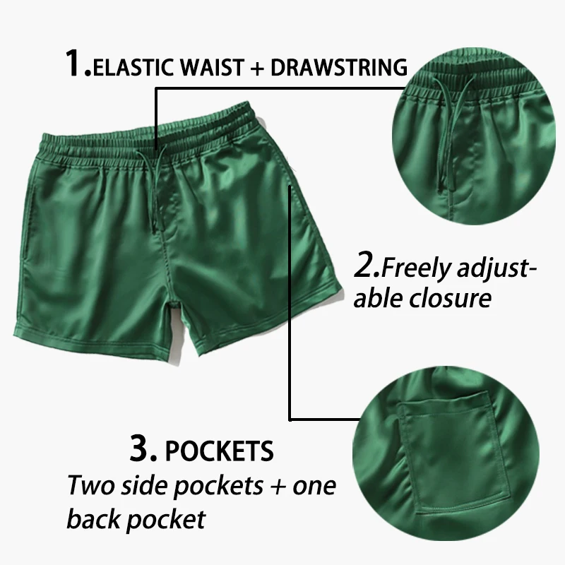 Heavywood Men's Satin Shorts Silky Pajama Bottoms Casual Sleep Shorts Drawstring Man Home Lounge Beach Boxer Shorts with Pockets