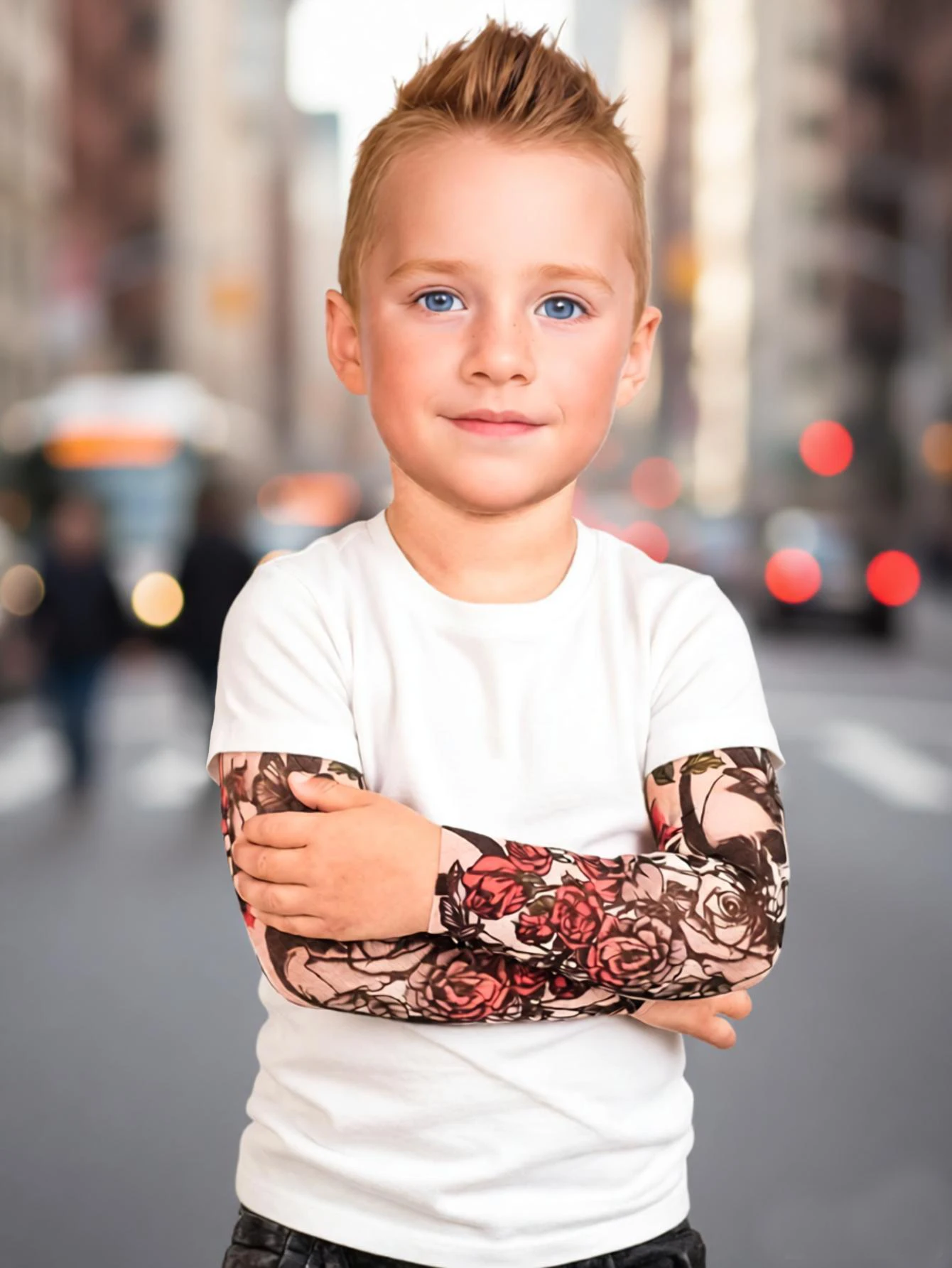 Boys Cotton Blend Fake Two-Piece T-Shirt Rose Floral Mesh Splice Long Sleeve Casual Kids Crew Neck Tee 1-8Y