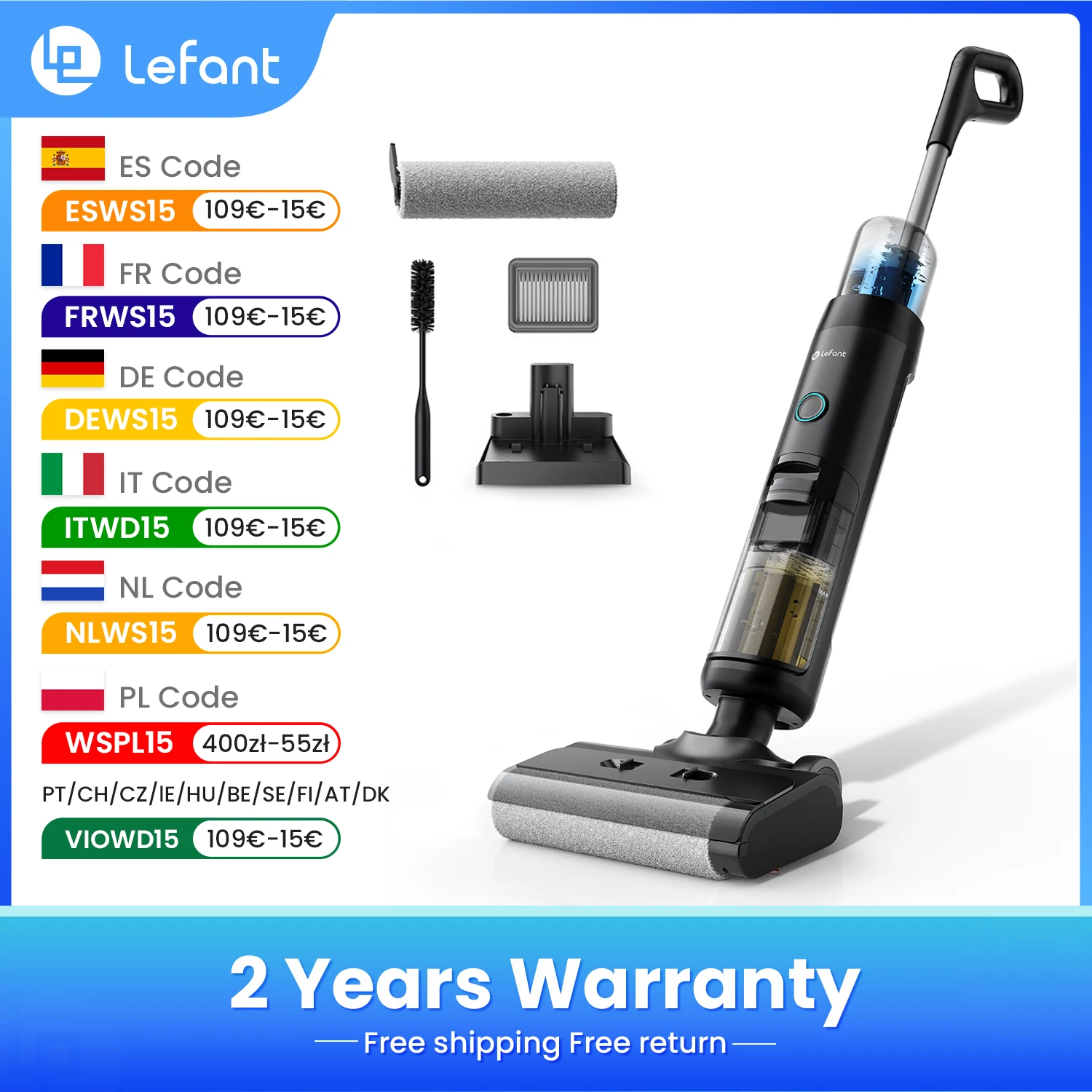 Lefant LS200 Aspirateur sans fil pour nettoyage à sec et humide, nettoyage des bords, puissance d'aspiration de 13 000 Pa, lave-sol, appareil électroménager intelligent autonettoyant