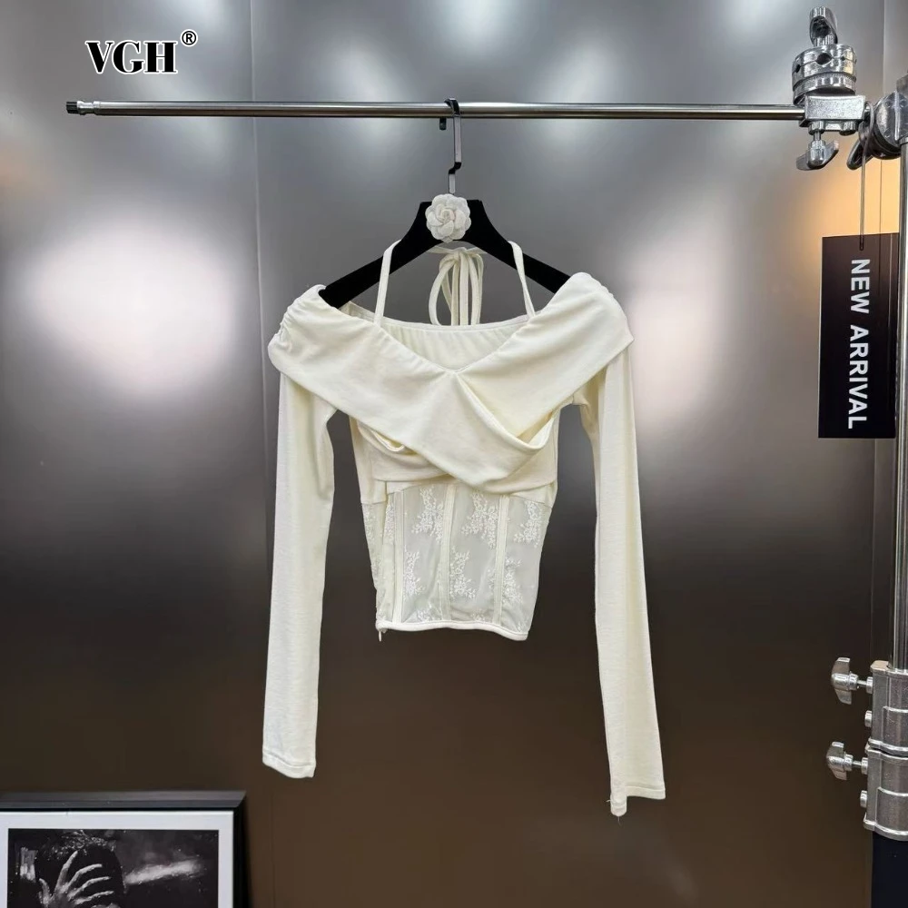 

VGH Solid Spliced Bandage Shirt for Women Halter Long Sleeve Off The Shoulder Patchwork Fish Bone Tunic Hot Girl Shirts Female