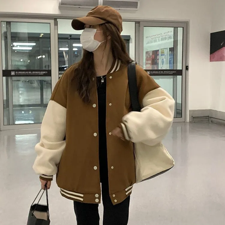 

Thickened Fleece Winter Jacket Korean Style Loose Baseball Coat Stand Collar All-Match Women's Fashionable Warm Outerwear