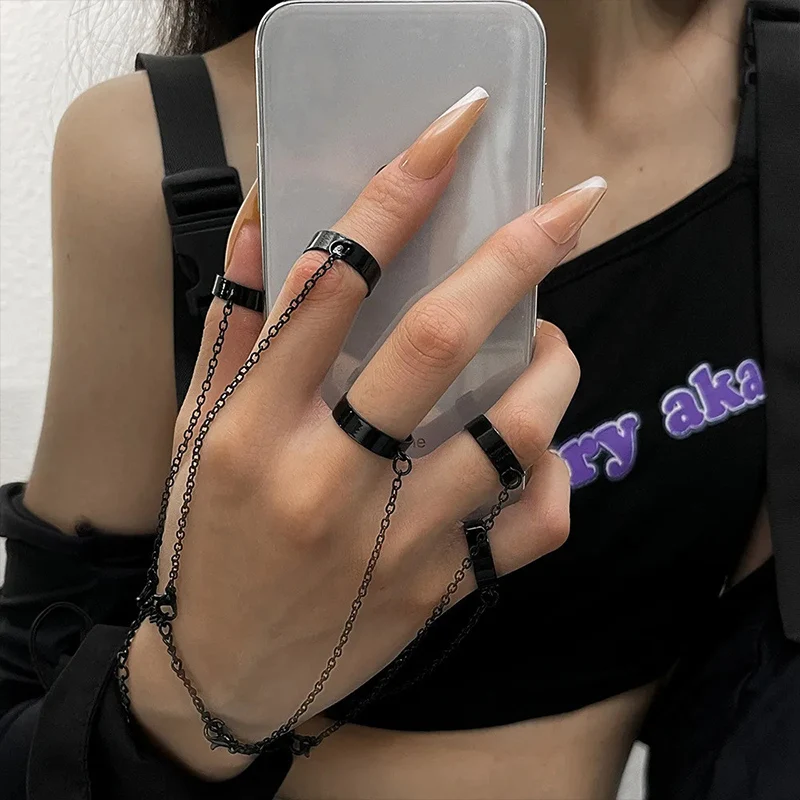 Punk Geometrische Schwarz Farbe Kette Handgelenk Armband Ring Für Frauen Männer Offenen Ring Silber Link Kette Mädchen Cooles Design Mode Schmuck