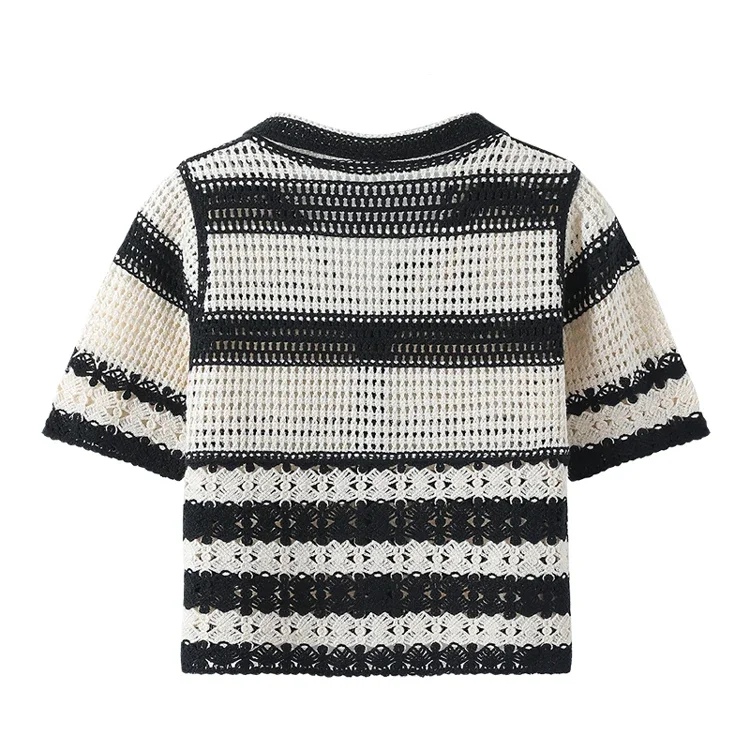 Striped Crochet Vest Top Collared Button-up Short Sleeve Sheer Crop Knit Top Cardigan Women Teengirl Fairycore Vintage Outfit