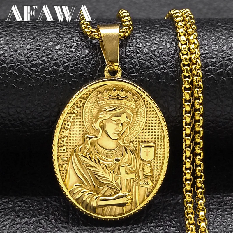 

Saint Barbara Cross Medallion Necklace for Women Men Stainless Steel Gold Color Amulet Christian Chain Jewelry colar NZZ474S02