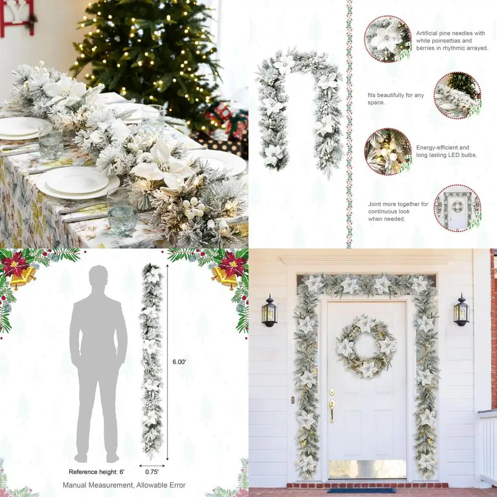 

Pre-Lit 6ft Christmas Garland with Flocked Greenery and White Poinsettia, Festive Pine Garlands for Holiday Decor
