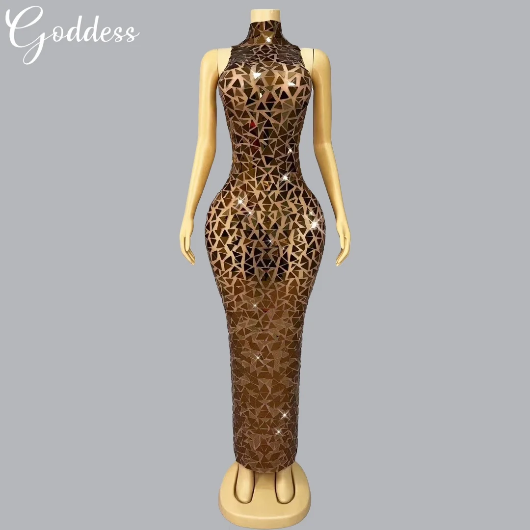 Sparkly Gold Mirrors Ball Dress Sexy Sleeveless Mesh Evening Dress Celebrate Prom Birthday Maxi Dress Photo Shoot Stage Wear