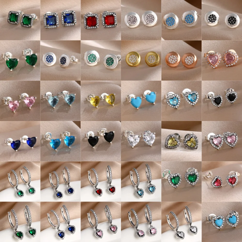 

New 925 Silver,Pink,Red,Green Heart-shaped,Square Earrings Suitable for European Women's Exquisite High-Quality Jewelry Gifts