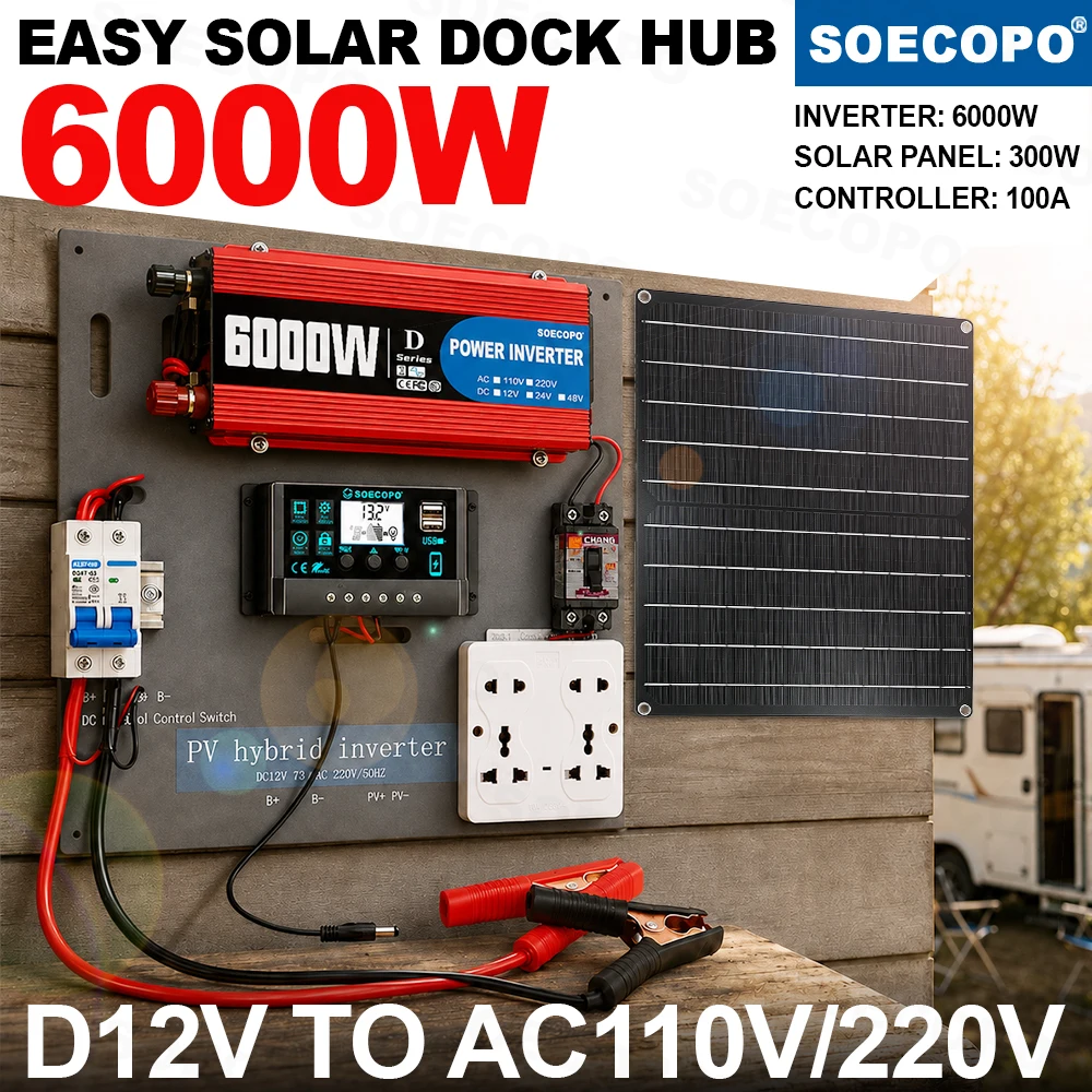 Remote Worksite Easy Solar Dock Hub High Conversion 6000W Inverter 300W Efficient Max Panel 100A Controller 2m Extension Cable