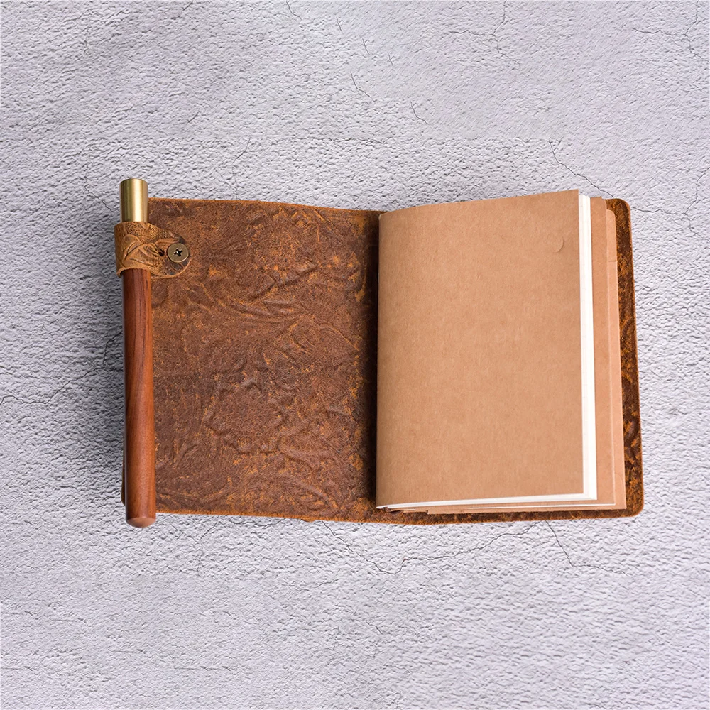 Flower Genuine Leather Notebook Brown Retro Journal Handmade DIY Planner Replace Books