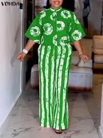 5XL VONDA Plus Size 2 Piece Outfits Autumn Women Bohemian 3/4 Sleeve Fashion Shirts Wide Leg Pants Print Vintage Pant Sets 2PCS - Image 2