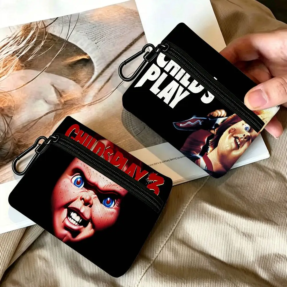 Classic Horror Movie C-Child P-Play Portable Mini Oxford Cloth Coin Purse With Carabiner Hook Zipper Key Card Earphone Storage