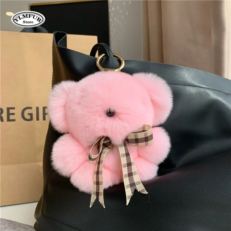 1Pcs Real Rex Fur Bears Stuffed Plush Toy Mini Bear Doll Toy Keychain Bag Pendant Car Decoration Children Birthday Party Gifts