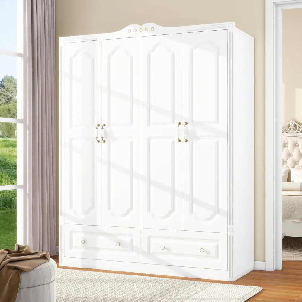 

White Armoire Wardrobe Closet with 4 Doors: 79" Bedroom Armoires Closet with 4 Drawers, Wood Closet for Hanging Clothes, Large W