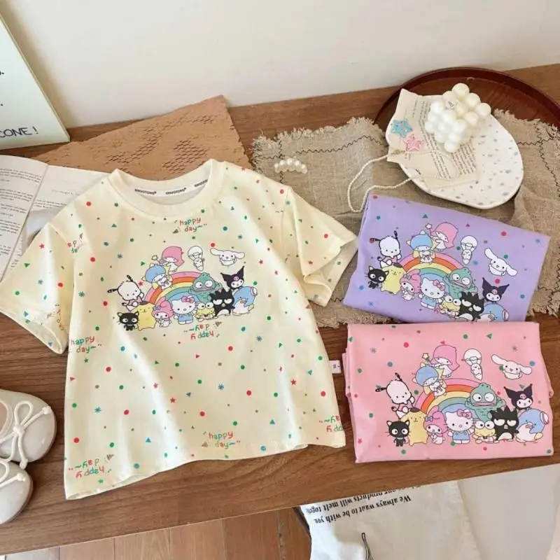 Summer Baby Sanrios Kid T-Shirt Cute Hello Kitty Kuromi Mymelody Pure Cotton Round Neck Breathable Sweat-Absorbing Short Sleeves