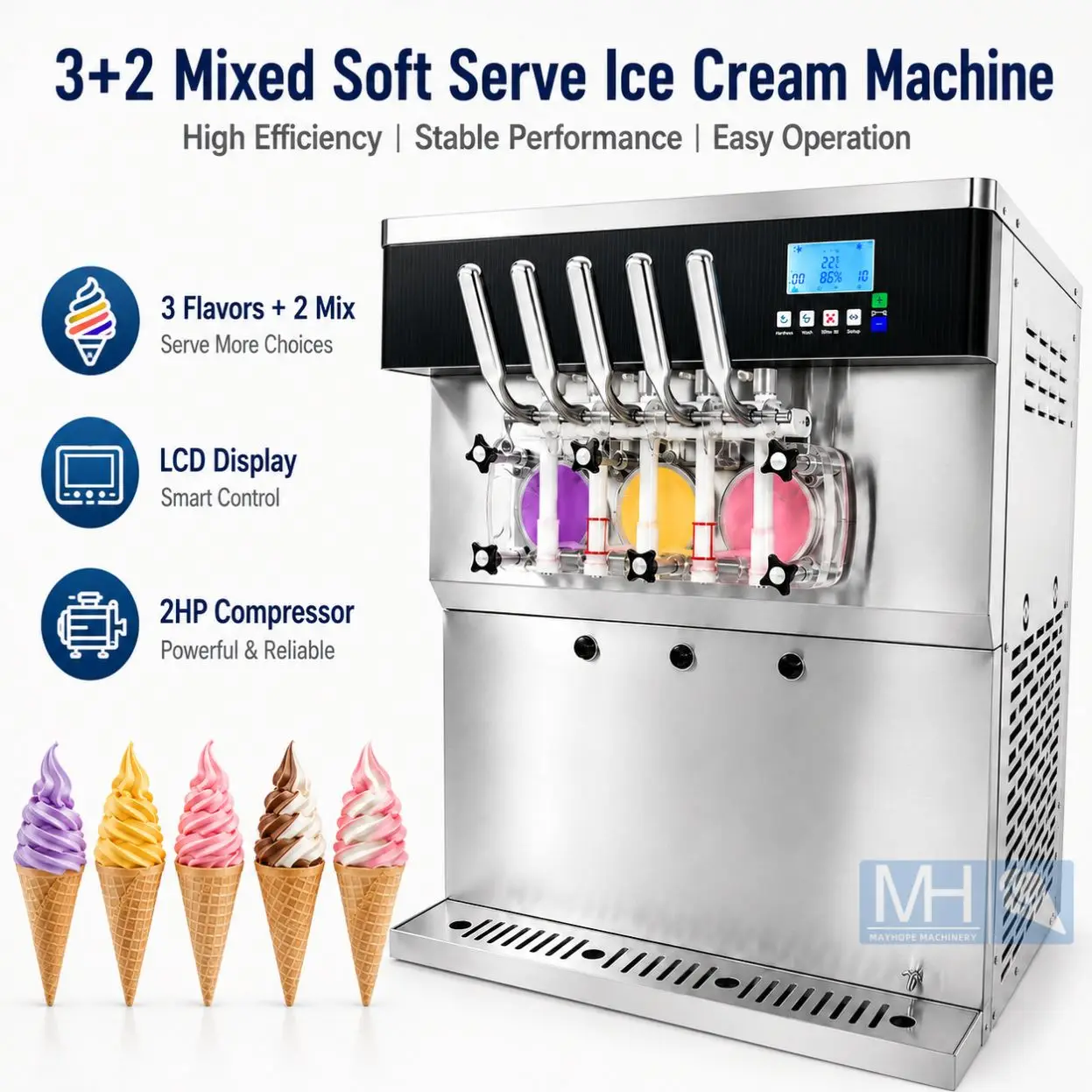 Commercial 3+2 Flavors Soft Serve Ice Cream Machine Desktop 5 Nozzle Frozen Ice Cream Maker 2HP Compressor for Cafe Snack Shop