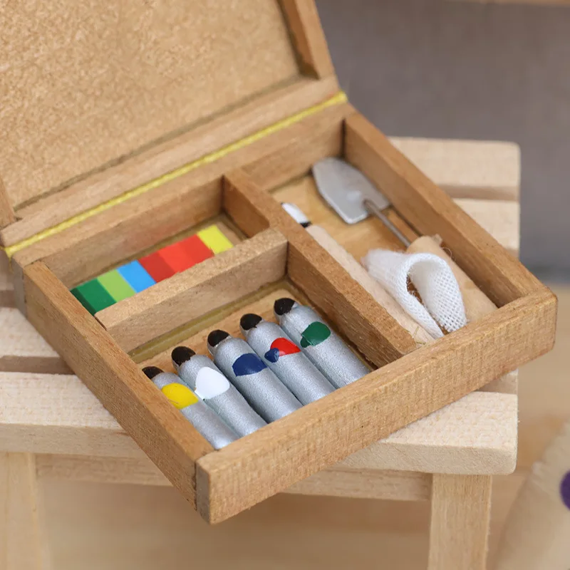 1:12 Dollhouse Mini Watercolor Paint Box Set, Simulation Art Studio Props for BJD, Micro Scene Decor Accessories