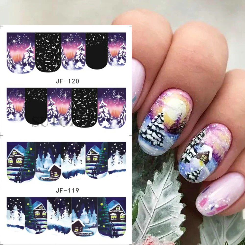 Christmas Water Nail Decals Winter Forest Nail Stickers Snowy Tree New Year Decoration Transfer Sliders for Manicure NTJF109-120