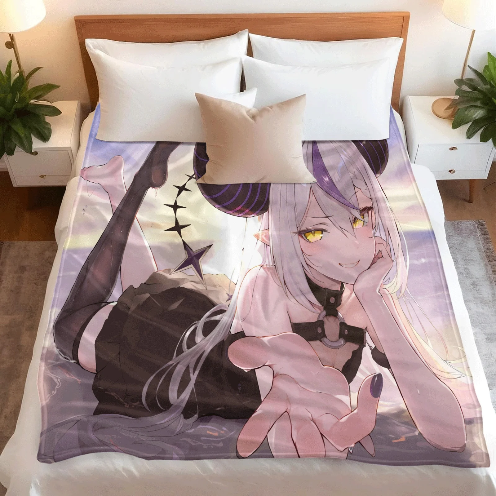 Anime Flannel Throw Blanket La+ Darknesss Print Silver Hair Girl Big Horns Warm Sofa Bed Blanket Fan Gift