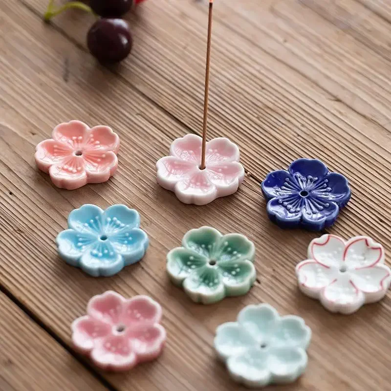 Mini Ceramic Cherry Blossom Stick Incense Holder Aromatherapy Censer Home Teahouse Office Decor Ornament