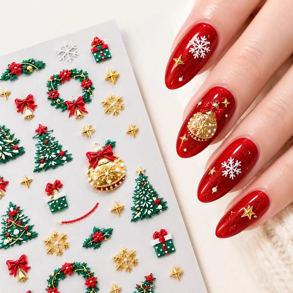 1Pc Waterproof 5D Nail Stickers Cozy Warm Textured Gingerbread House Candy Cane Bow for Christmas Winter Manicure Embellishment