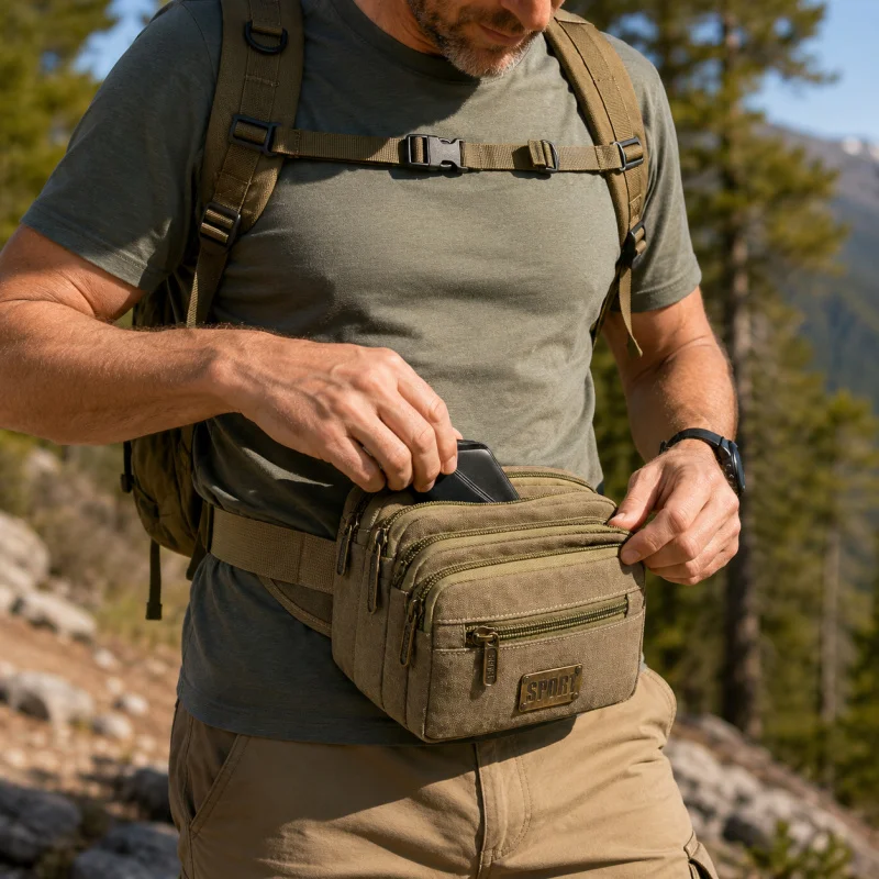 7-Layer Men'S Large Capacity Canvas Waist Bag, Portable Outdoor Sports Large Capacity Waist Pack, Business Cash Pouch - view 4