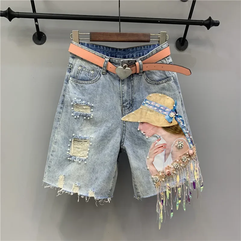 

2024 Summer Denim Shorts Women Tassel sequin Fashion Ripped Jeans Loose High Waist Knee Length pants Female Z396