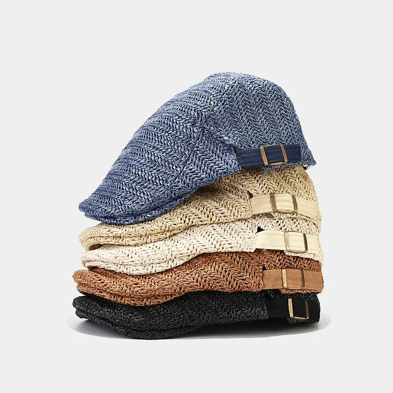 New Fashionable Breathable Hollow Straw Beret Vacation Beach Straw Newsboy Cap Flat Adjust Painter Beret Men Women Summer Hats