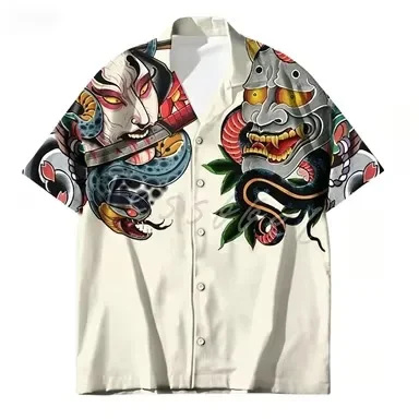 Fashionable New Dark Floral Snake Patterned Short Sleeved Shirt for Men, Niche, Trendy, Cool, Versatile Casual Shirt