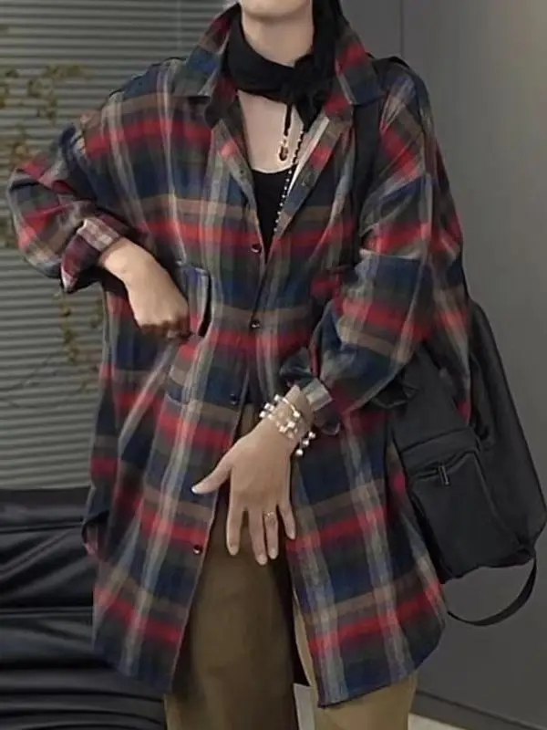 Faionable Plaid Lungo Sve irt Cappotto casual da pendolare allentato da donna Bottoni di media lunghezza con copertura Top in fibra di carbone di bambù