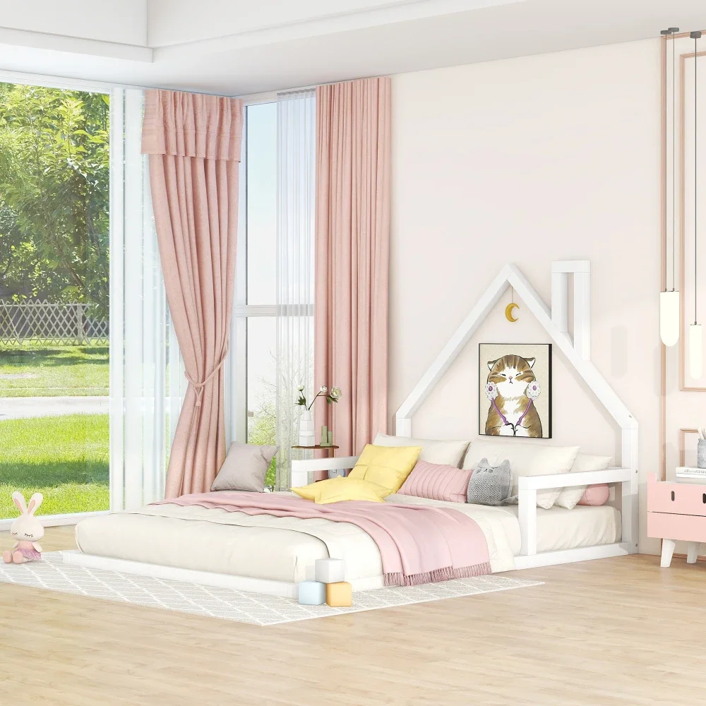 Twin Size Wood Floor Bed with House-shaped Headboard,Bunk Beds for Boys Kids Bed Children's Beds Bed for Girls White Furniture