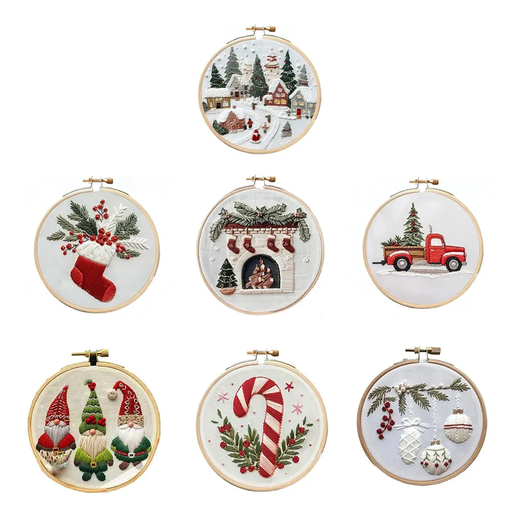 Christmas Embroidery KIT Adults Kids DIY Handmade Hand Embroidery Starter Kits with Stamped Embroidery Pattern Home Room Decor