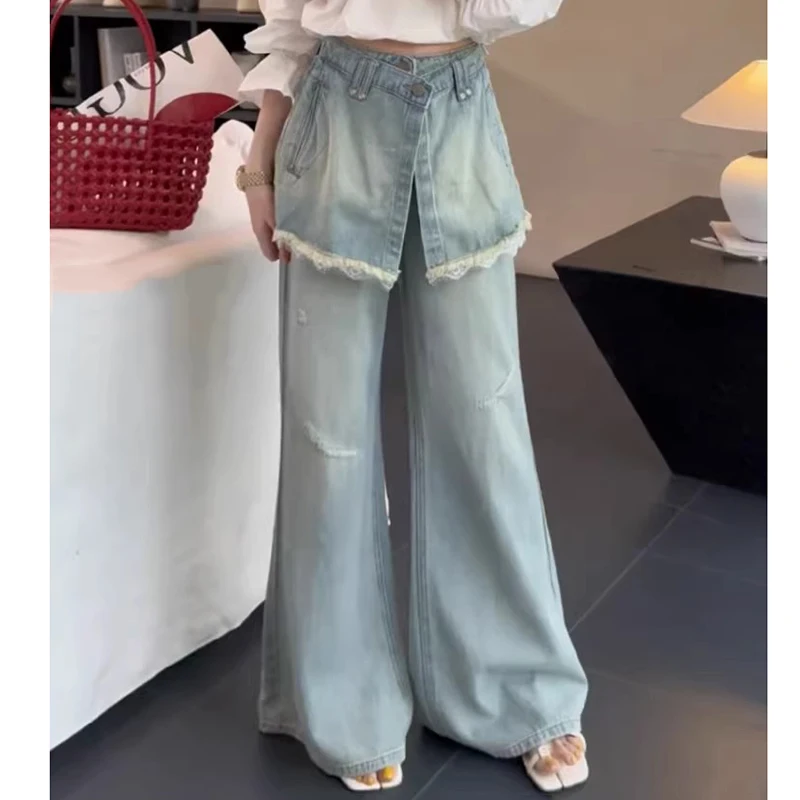 PBAP Double Waist Baggy Jeans Light Wash Fake Two-piece Lace Trim Ripped Straight Wide Leg Pants Lounge Korean Women Clothes