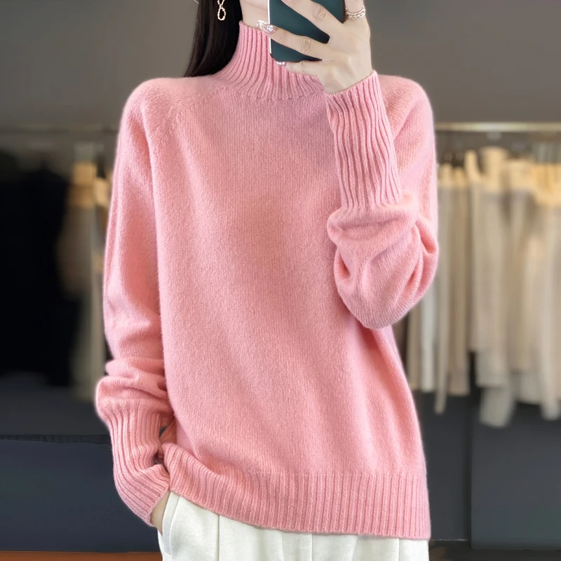 Autumn Winter 100% Wool Turtleneck Sweater Knit Side Drow Strips Soft Pullovers Female Pull Jumpers Casual Loose Basic Sweaters