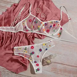 Sexy Colorful Dlower Embroidery Women Sheer Lingerie Set Transparency See Through Porn Bra+Panties Set Breatahble Lenceria Mujer