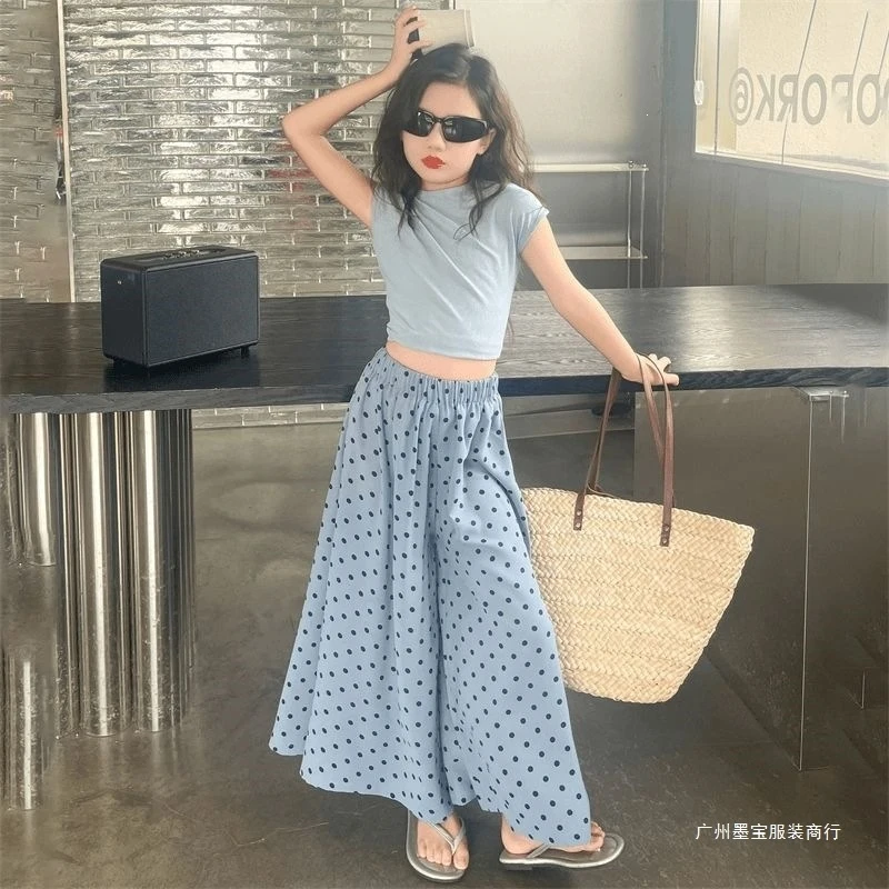 

Girls' Summer Suit2026New stylish short-sleeved polka dot skirt-pants two-piece summer outfit for girls
