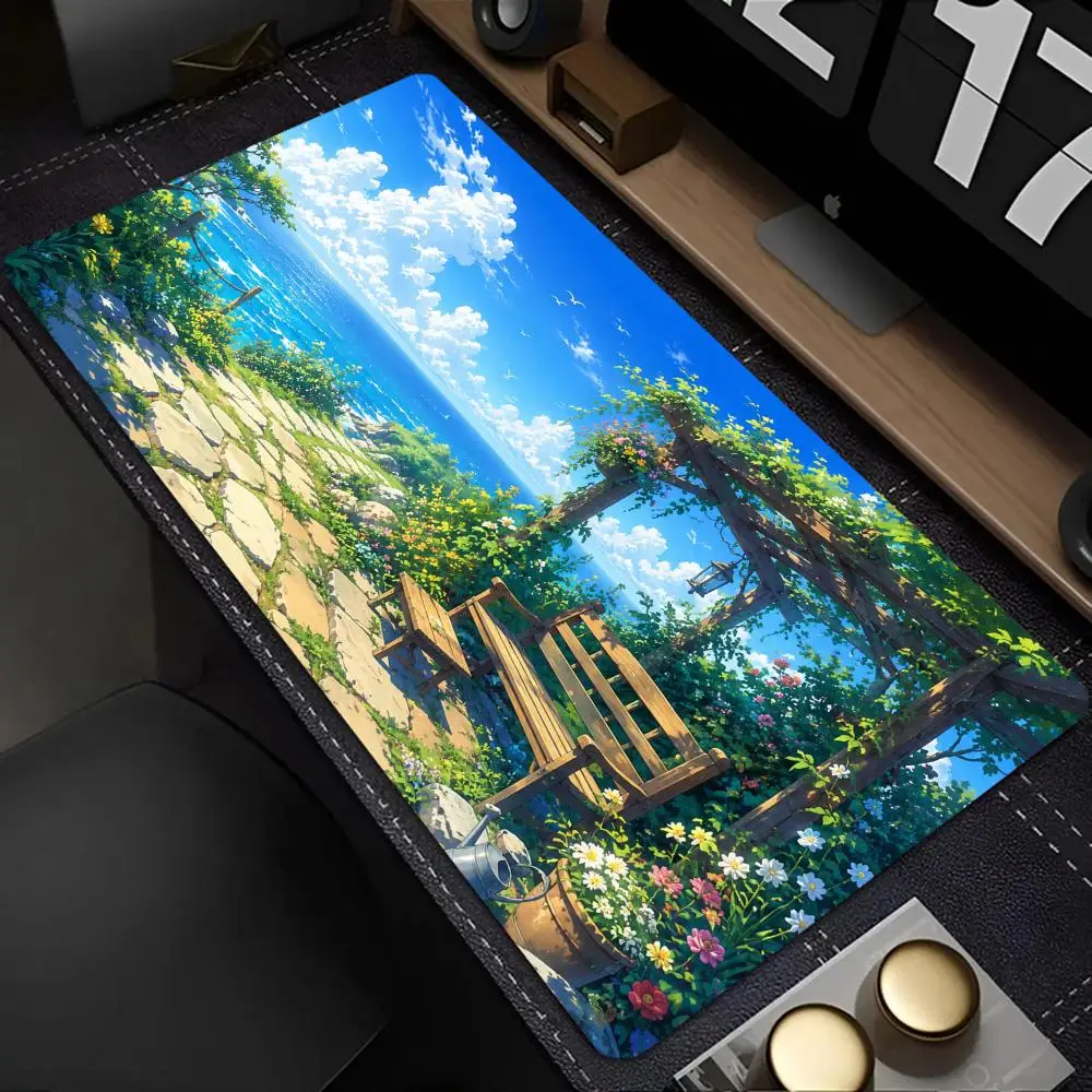 Aesthetic Coastal Garden Large Desk Mat Ocean Seascape Flower Balcony Oil Art Mousepad Decor Keyboard Pad for Laptop  Gaming Use
