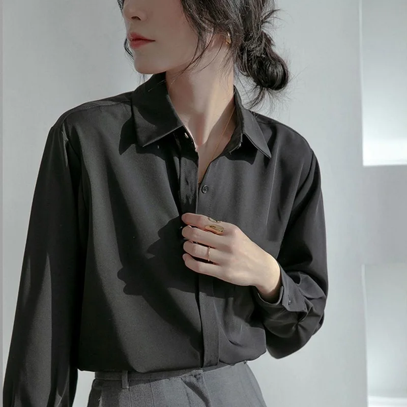 

Fashion Lapel Button Solid Color All-match Shirt Women's Clothing 2023 Autumn New Oversized Casual Tops Loose Office Lady Blouse