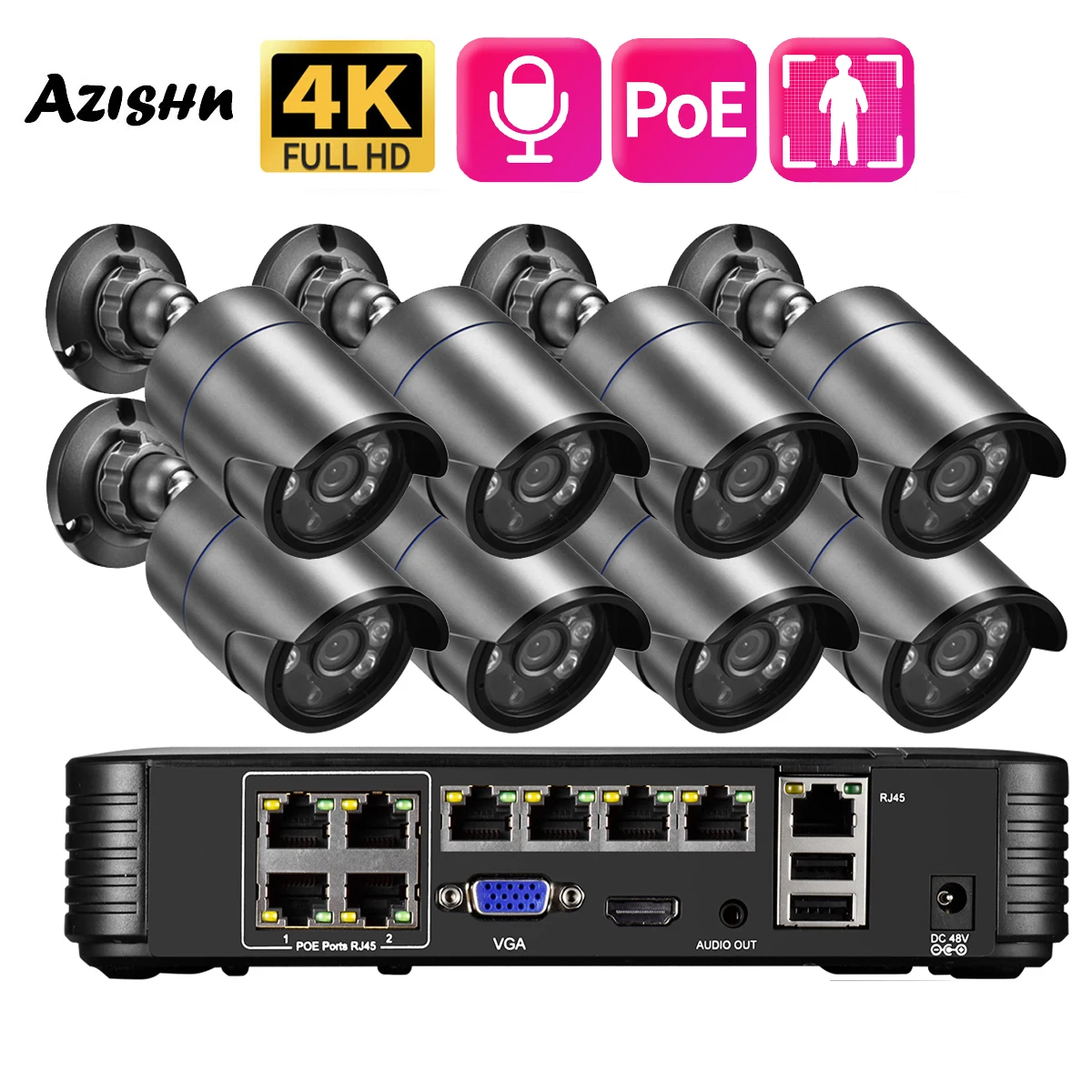 AZISHN Outdoor human audio family closed-circuit TV 4K 8MP ultra-high definition POE NVR kit