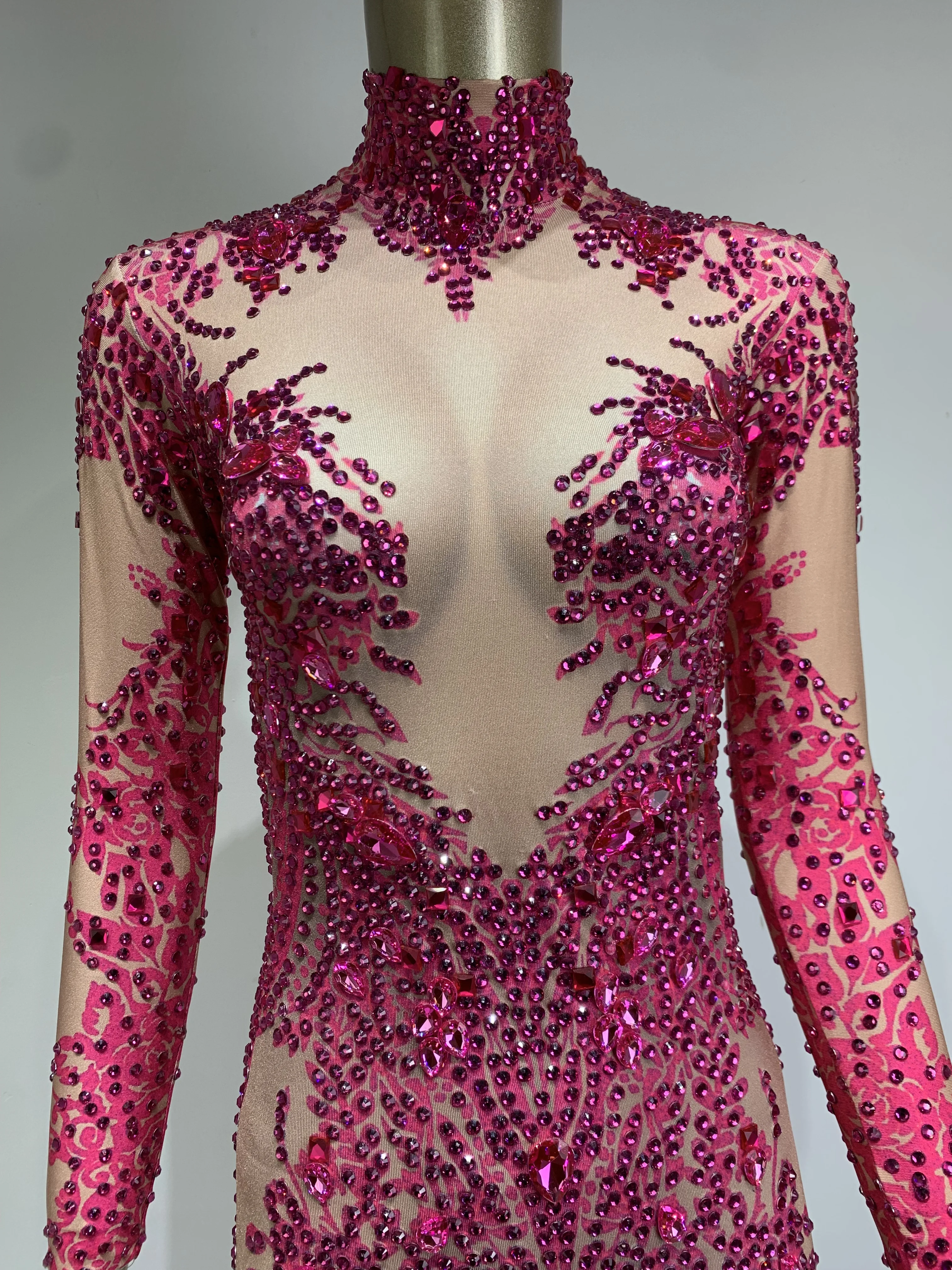 Mono elástico de manga larga con diamantes de cristal brillante para mujer, traje Sexy para club nocturno, traje de actuación de bailarina y cantante, disfraz de escenario para fiesta