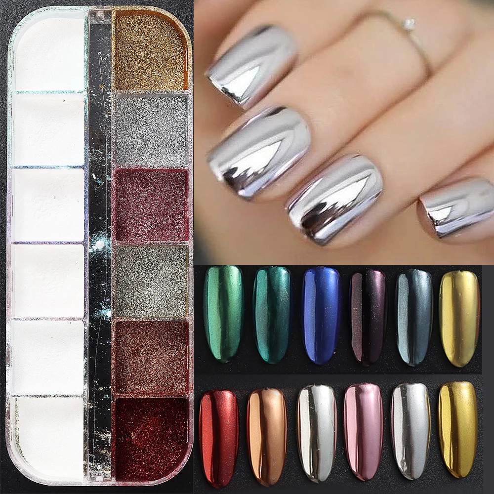 12 Grids Chrome Nail Powder Set Holographic Silver Gold Dip Powder Ultra Fine Glitter Dust Ombre Nail Art Manicure LEB12G-HMJ