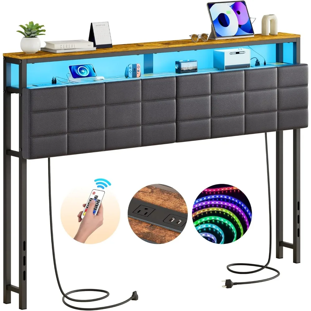 

Queen Headboard with Storage Shelf, Upholstered Bed Frame with Outlets, USB Ports and LED Light, Height Adjustable Headboards