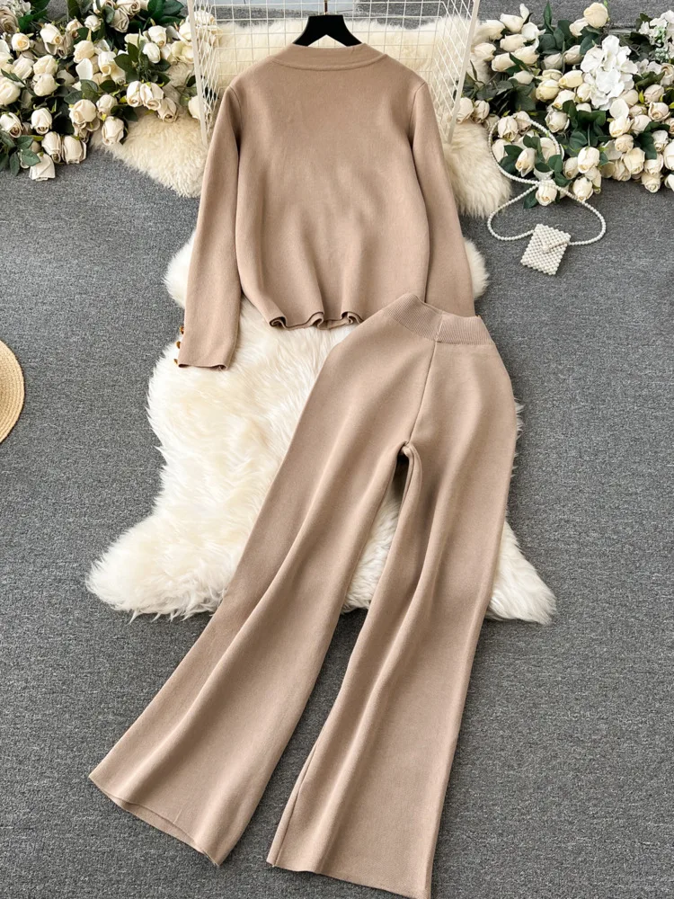 Autumn Winter New Long Sleeve Sweater Two Piece Set Women Metal Big Button Knitted Cardigan Tops Wide Leg Pants Suits Female