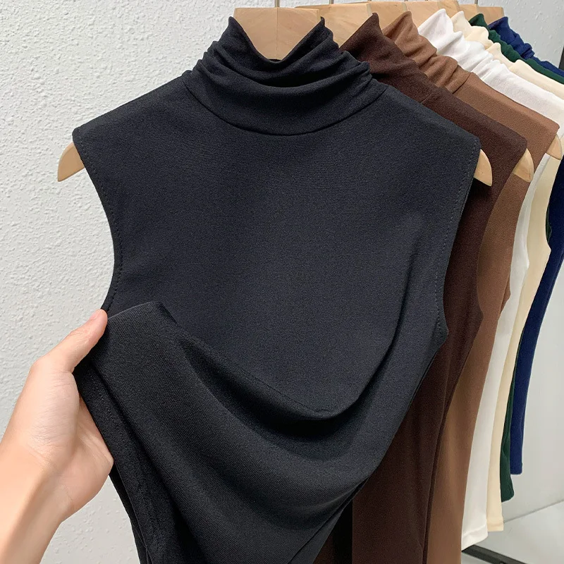 Elastic Mesh High Neck T-shirt New Women's Solid Color Plus Size Sleeveless Basic Top