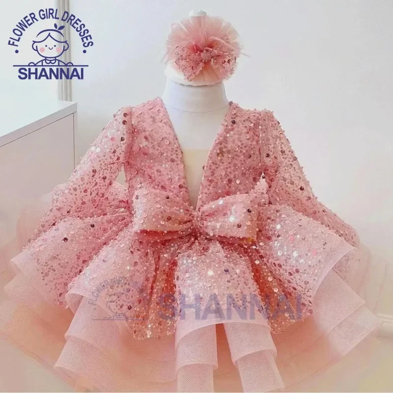 Custom Made Pink Fluffy Baby Girl Dress Sparkling Children Wedding Bridesmaid Birthday Party First Communion Flower Girl Dress