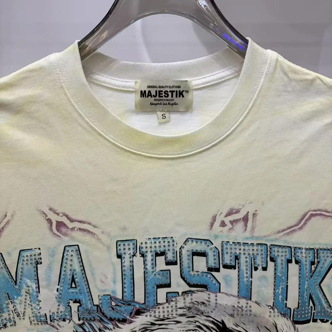 Men's Oversized Eagle Graphic T-shirt Vintage Washed Light Beige Rhinestone Print Streetwear Short Sleeve Cotton Tee