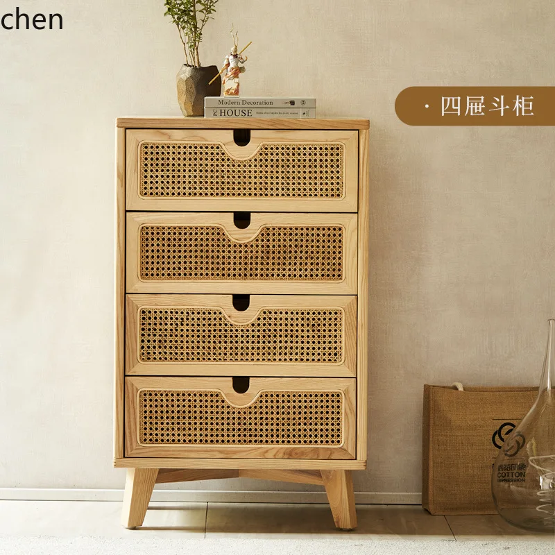 HXL Solid Wood Rattan Chest of Drawers Simple Storage Cabinet Entryway Cabinet