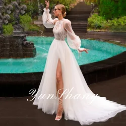 YunShang High Neck Wedding Dress With Detachable Sleeve Lace Applique Split Beach A-Line Bride Gown Btton Train Customized Woman