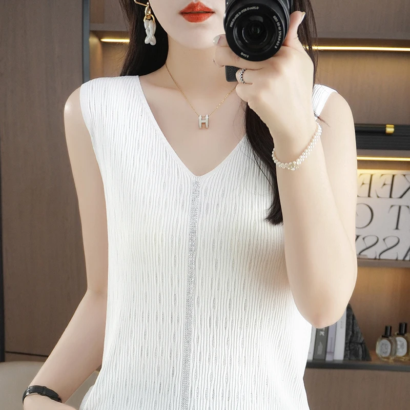 

Spring And Summer Pure Cotton V-Neck Knitted Suspended Tank Top For Women's Foreign Style Loose Fit And Slim Lnner Layer Wearing